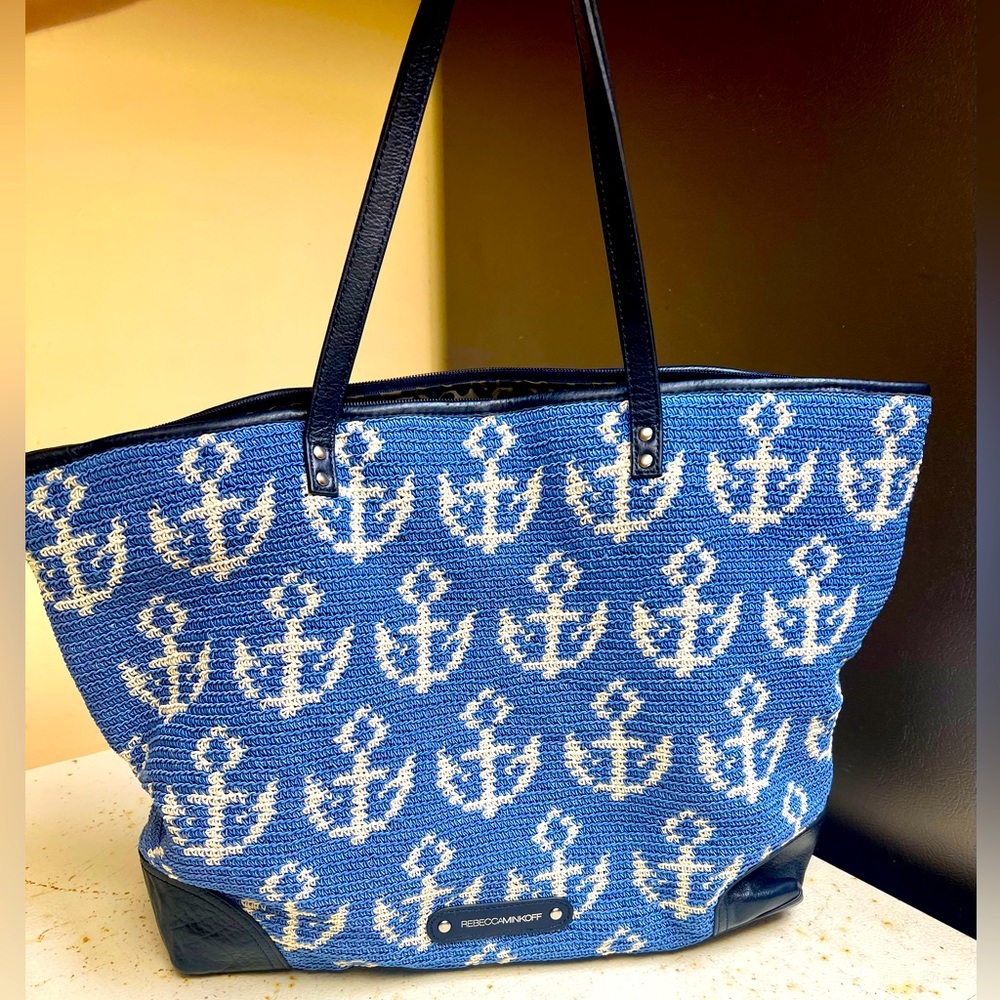 Rebecca Minkoff Blue Anchor Woven Knit & Leather Tote Bag